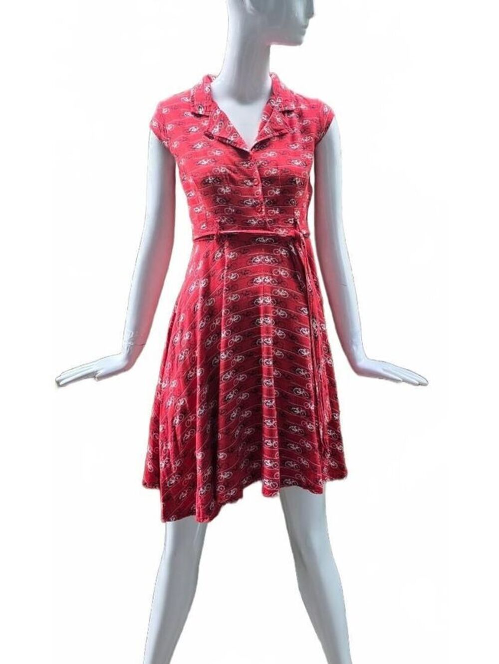 Circus 100% Rayon Red Novelty Bicycle Print Full Circle Swing Dress 8 Collared